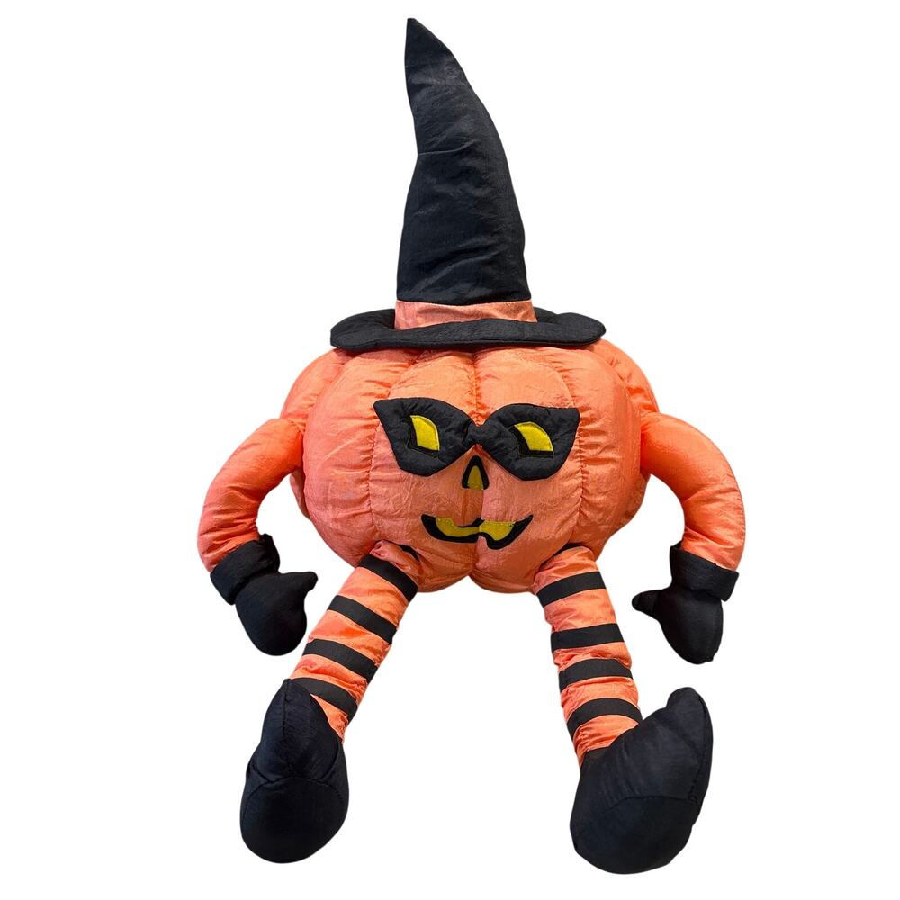 VTG 90s Halloween Witch Pumpkin Nylon Parachute Plush Stuffed Jack o lantern
